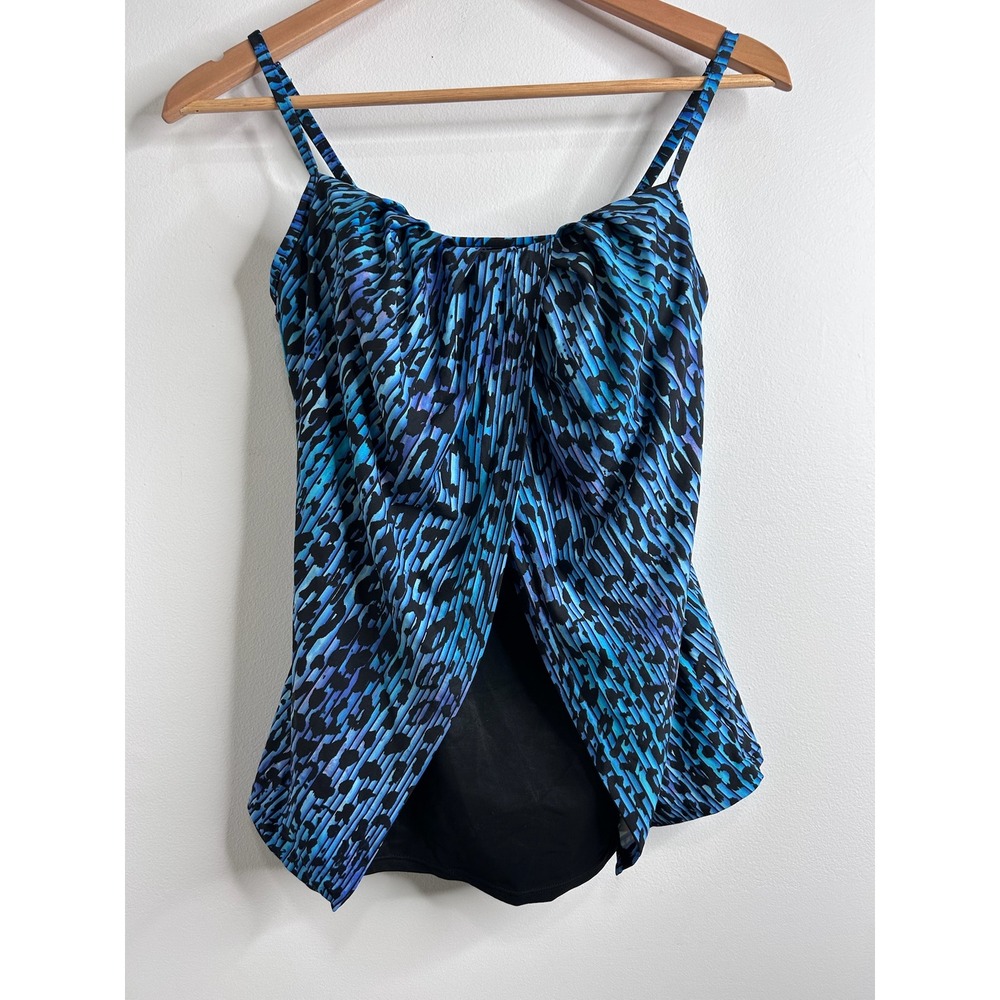 Miraclesuit Womens Blue Animal Print Draped Tankini Top Size 10 Slimming Modest